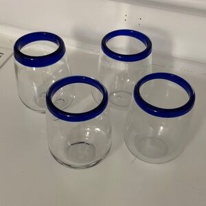 Set of Four Stemless Glasses with Blue Rim